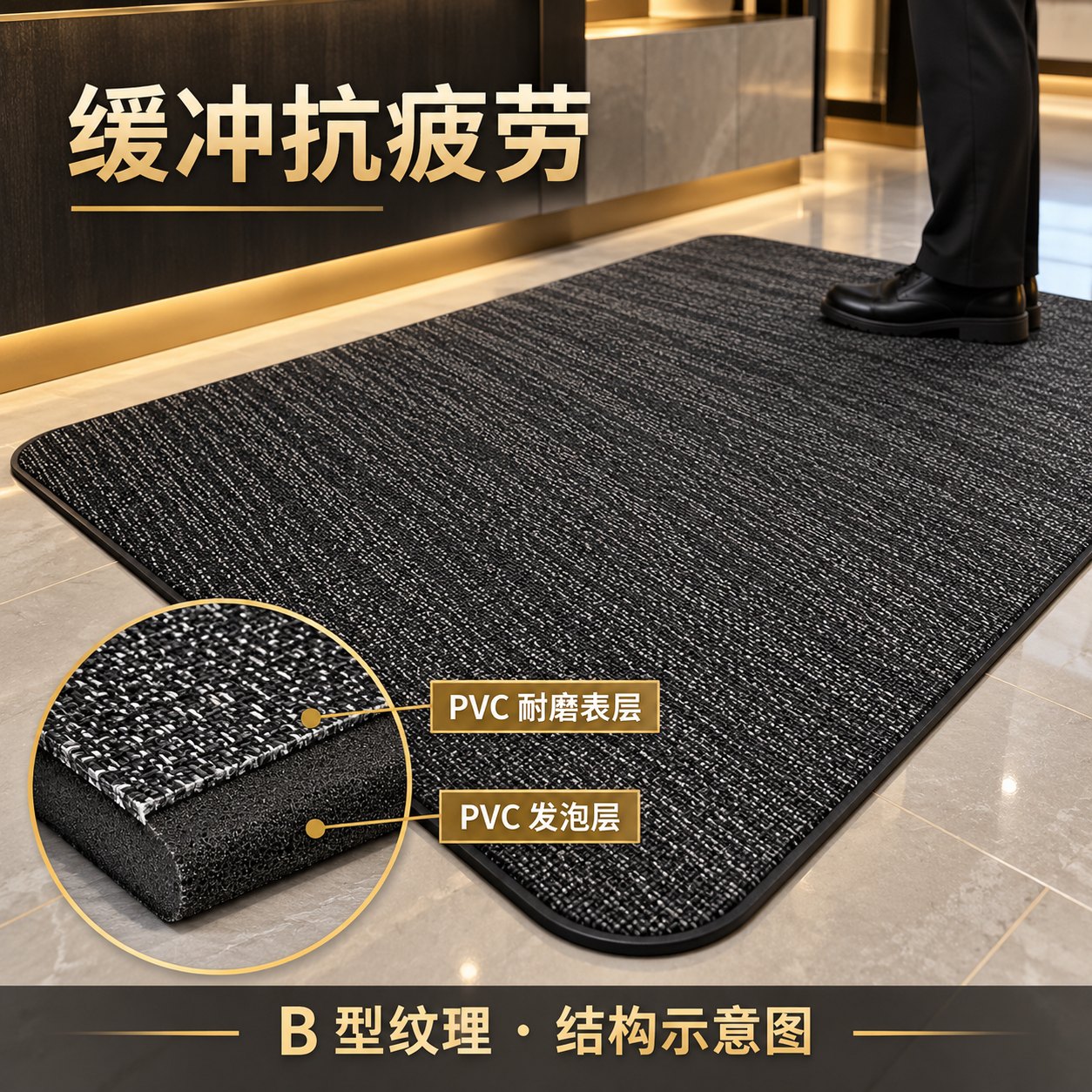 PVC 耐磨表面与发泡层，支撑站立工作