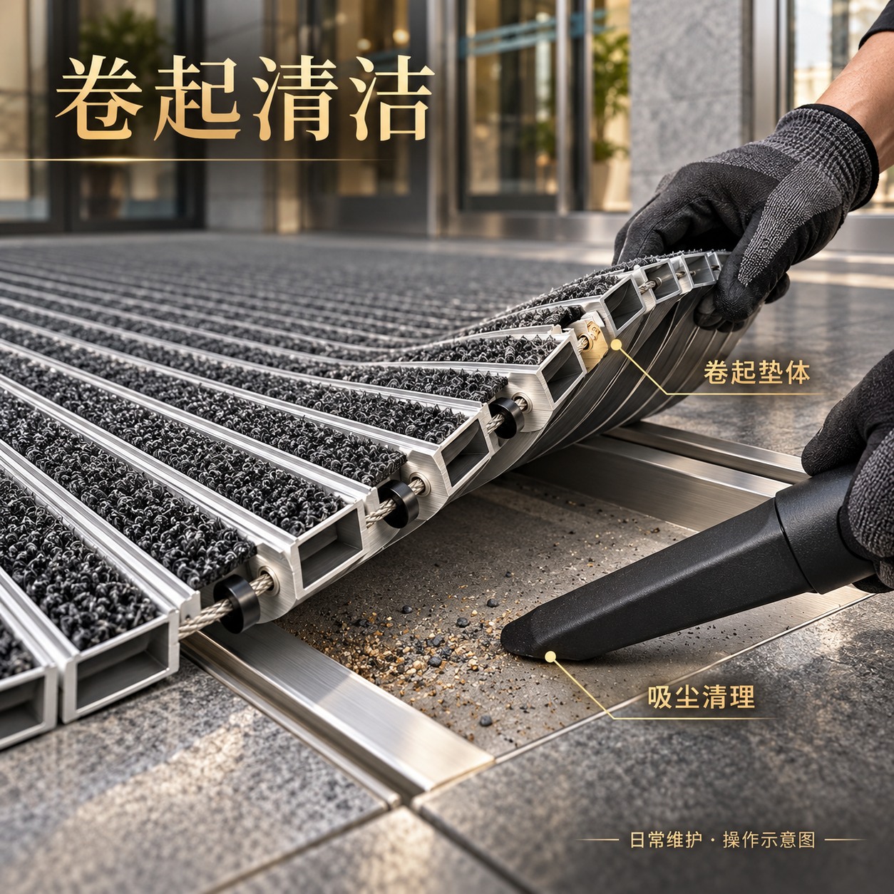 卷起清理，维护垫面与下方区域