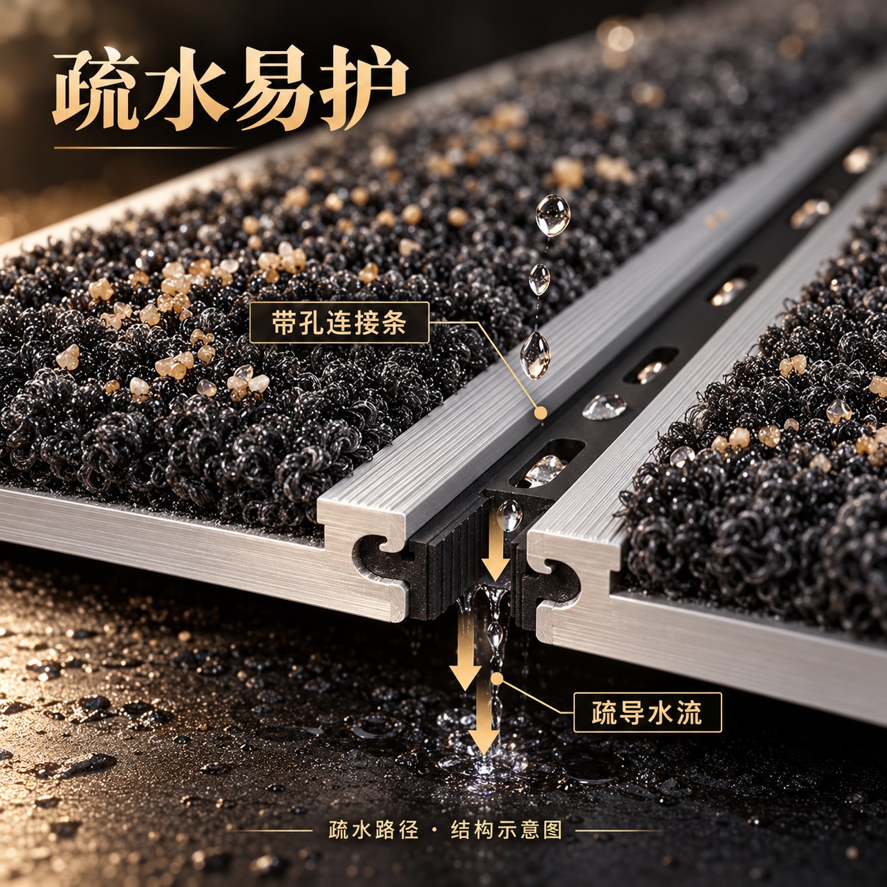 带孔连接条疏导水流，兼顾清洁维护