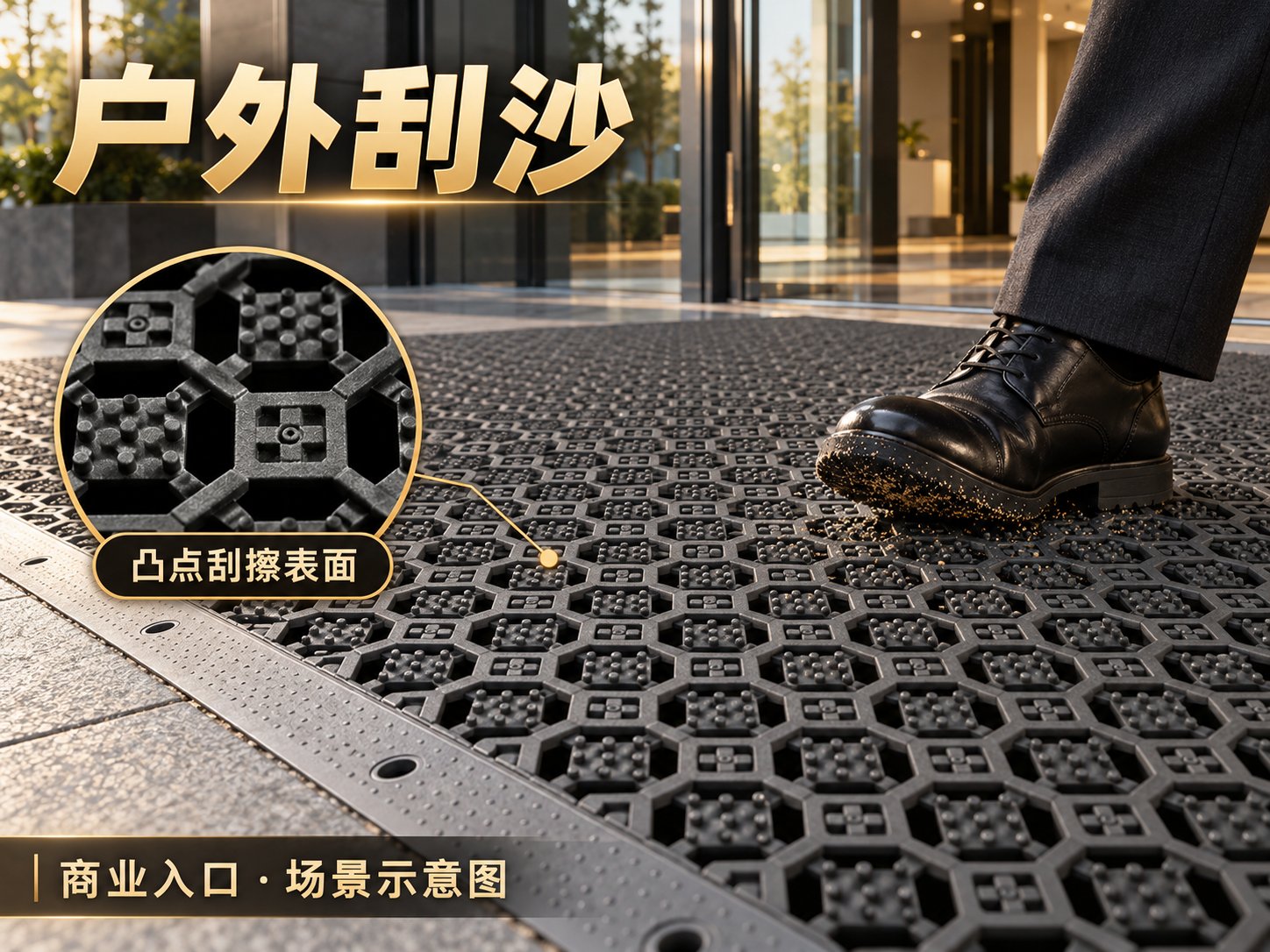 凸点刮擦表面，拦截鞋底砂粒