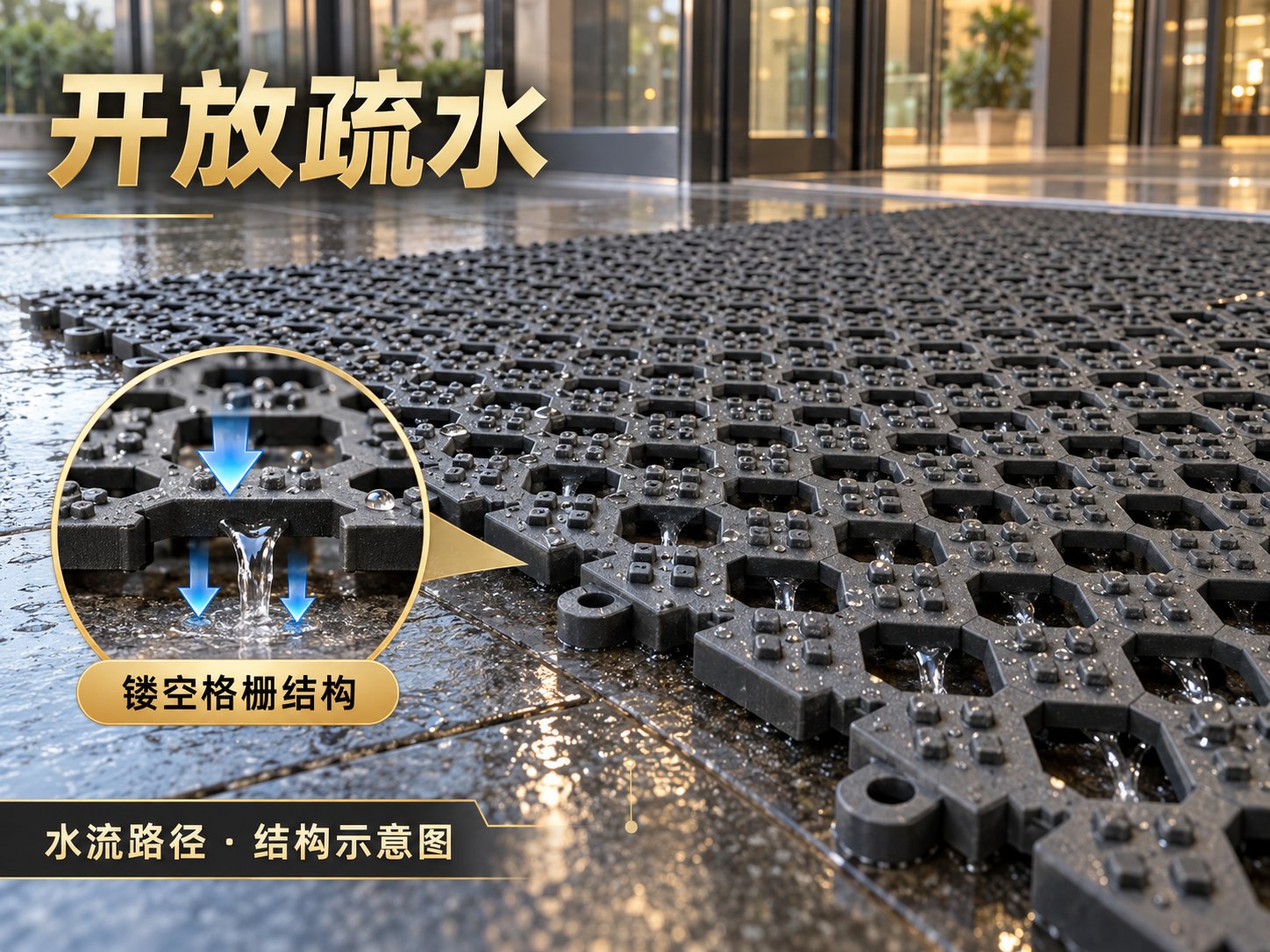 镂空格栅，让水流通过垫体